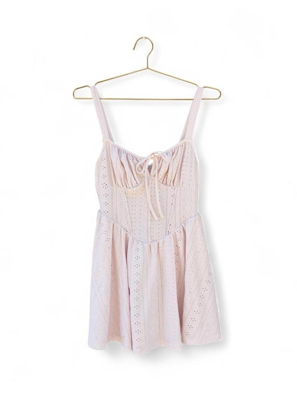 White Eyelet Corset Babydoll Mini Dress Tie Front - Size M